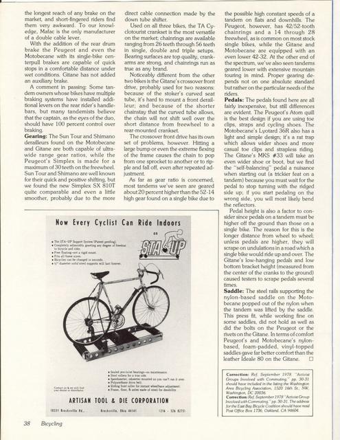 <------ Bicycling Magazine 11-1978 ------> A Trio of Tandems - Gitane / Motobecane / Peugeot