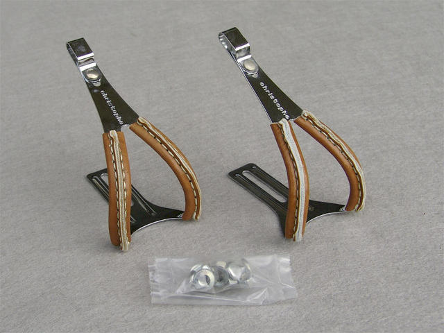 <------------------ SOLD ------------------> Christophe toe clips - chrome plated steel - adjustable length -  leather (NO