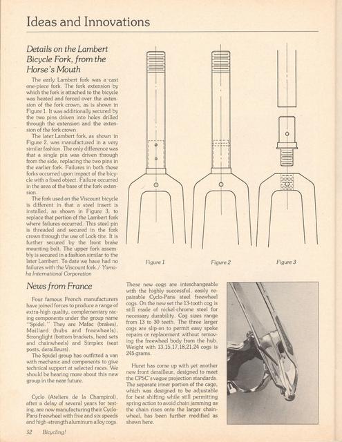 <------ Bicycling Magazine 10-1977 ------> Details On The Lambert Bicycle Fork