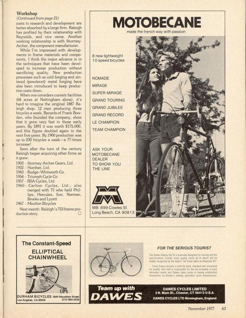 <------ Bicycling Magazine 11-1977 ------> Raleigh Industries