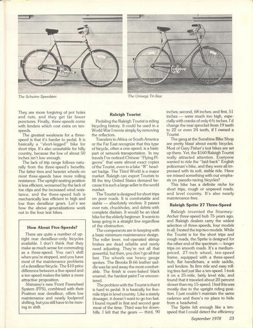<------ Bicycling Magazine 09-1978 ------> 3 Speed Bikes - Raleigh Tourist / Sprite 27 / Schwinn Speedster / Univega Tri