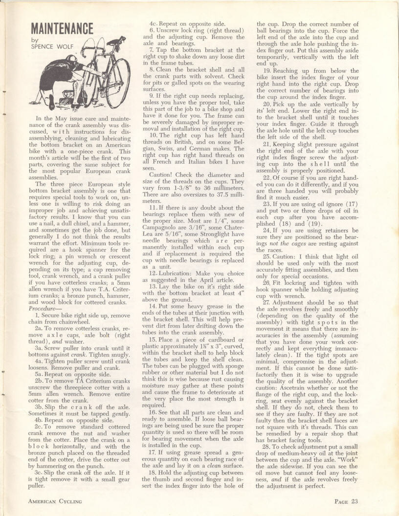 <------- American Cycling 07-1966 -------> Maintenance:  Crankset and Bottom Bracket