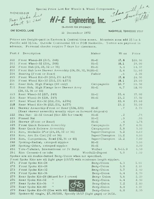 Hi-E parts list / price list (12-10-1972)