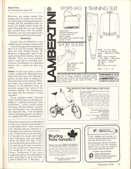 <------ Bicycling Magazine 09-1978 ------> Bickerton Folding Bicycle