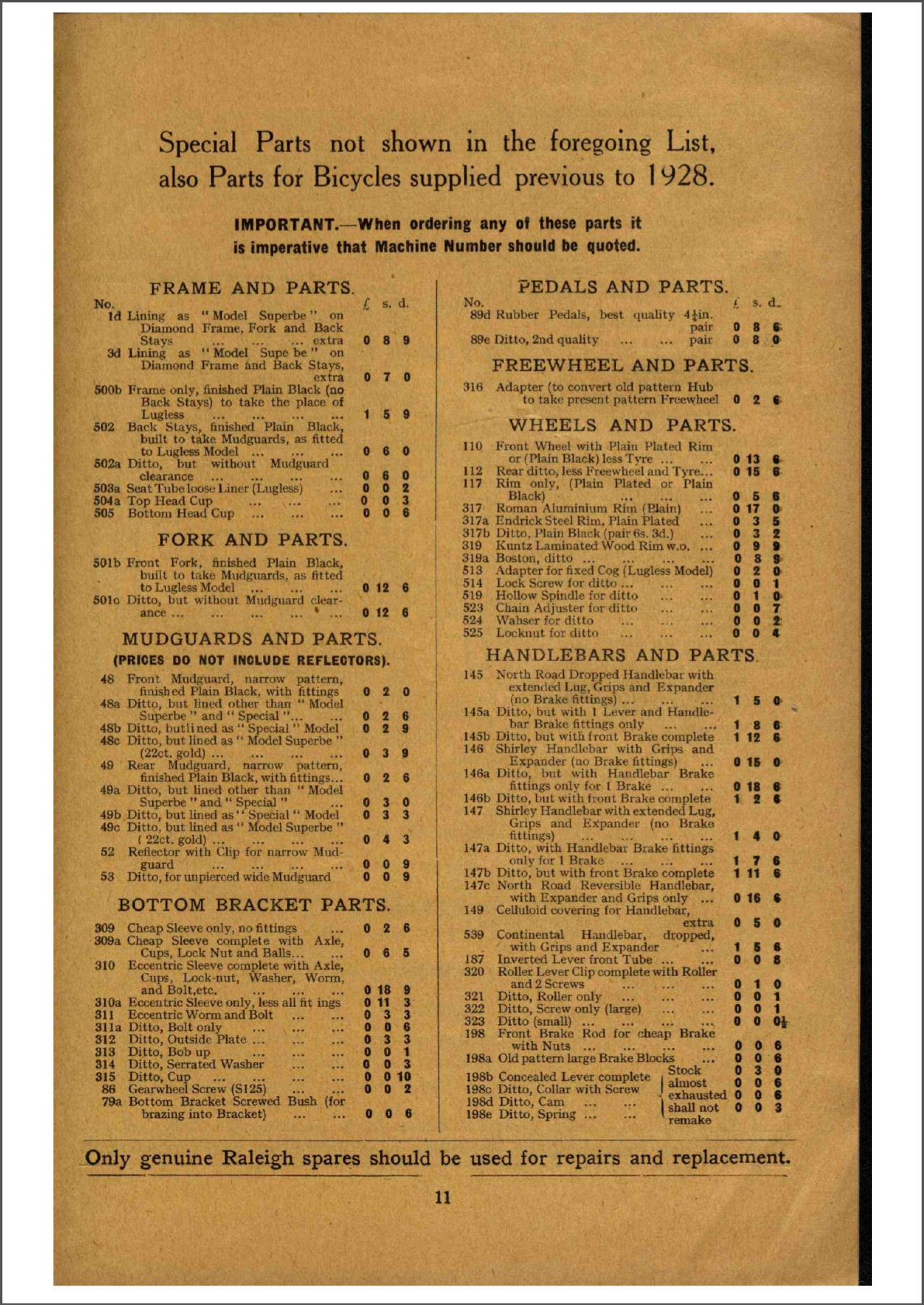 Raleigh spares price list (1928)
