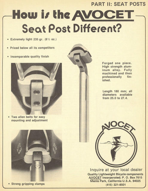 Avocet saddle / seat post advertisement (02-1979)
