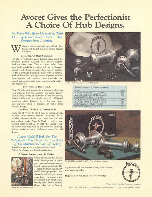 Avocet models I, II, III hubs advertisement (03-1980)