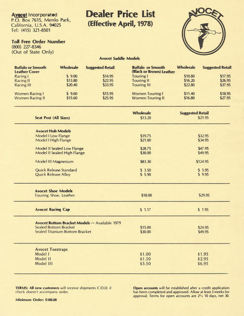 Avocet Dealer Price List (04-1978)