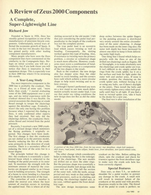 <------ Bicycling Magazine 07-1980 ------> A Review Of Zeus 2000 Components