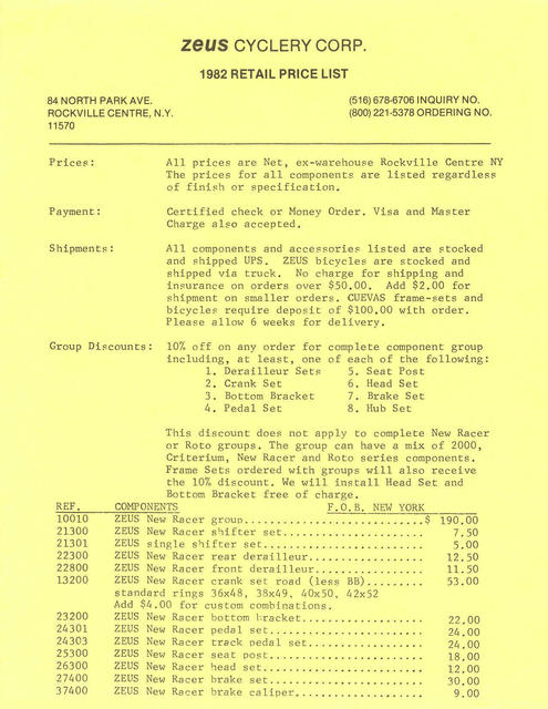 Zeus Cyclery (USA) retail price list (1982)
