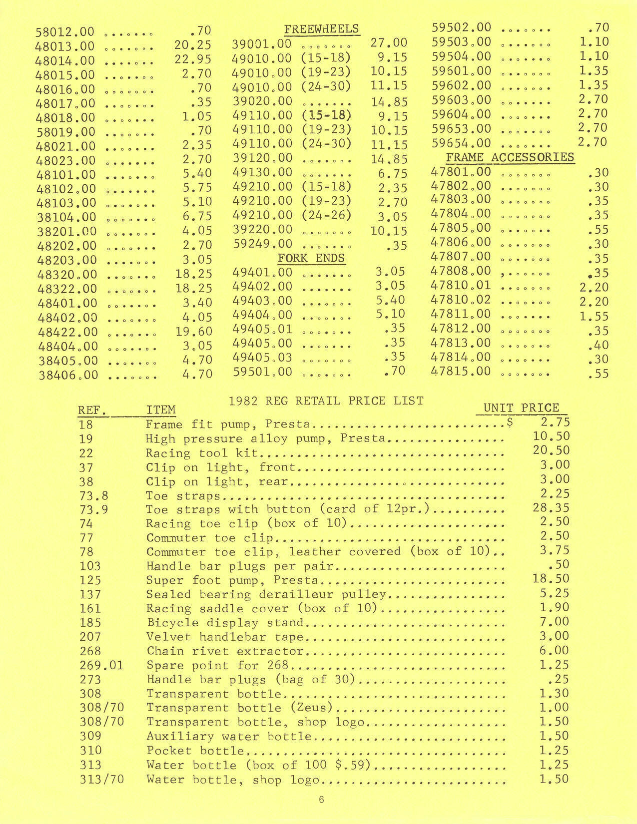 Zeus Cyclery (USA) retail price list (1982)