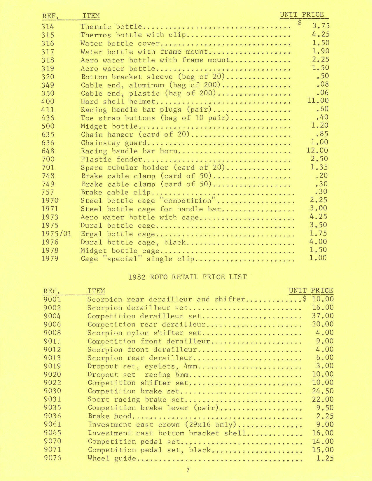 Zeus Cyclery (USA) retail price list (1982)