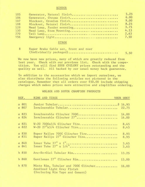 Zeus Cyclery (USA) retail price list (1982)