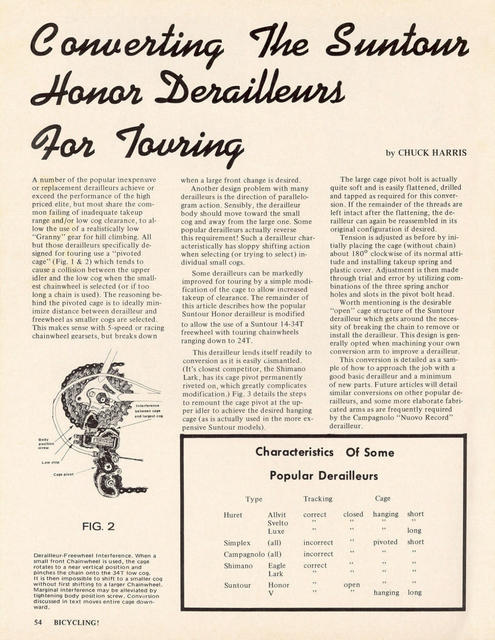 <------ Bicycling Magazine 08-1972 ------> Converting The SunTour Honor Derailleurs For Touring