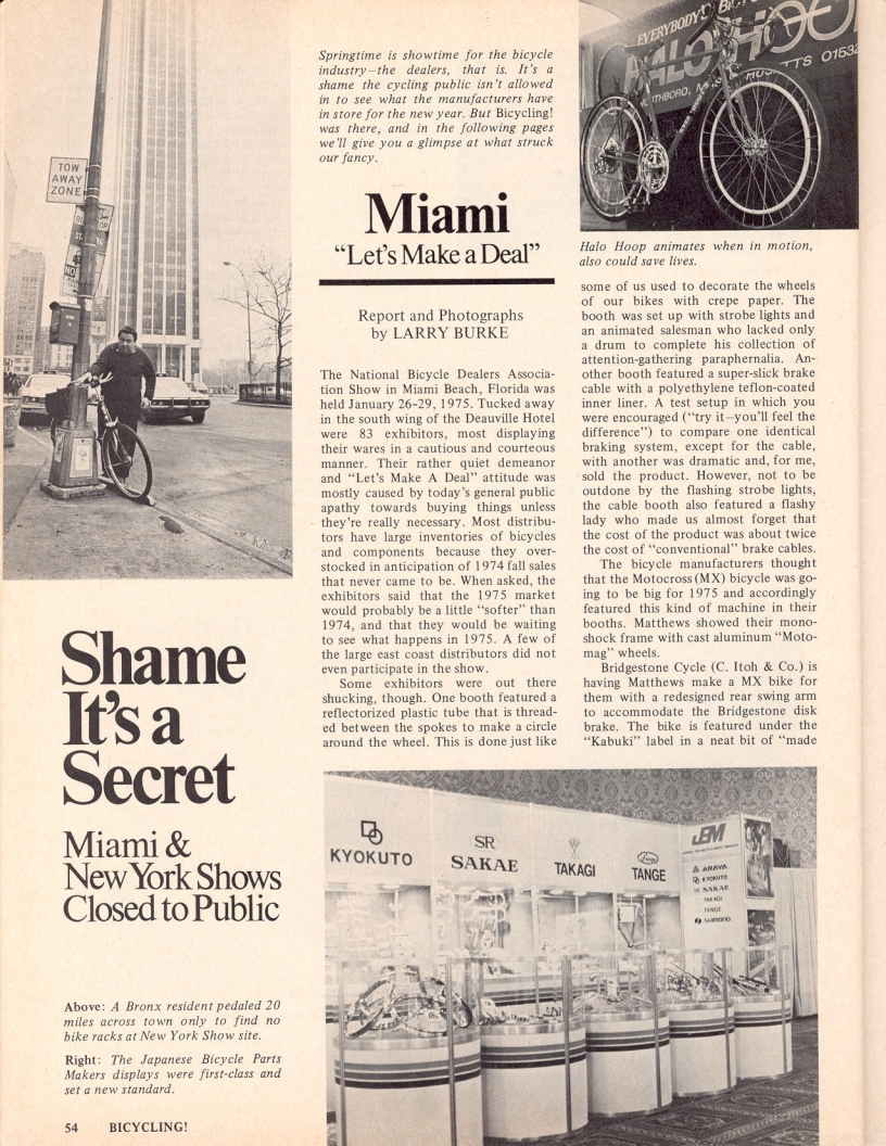 <------ Bicycling Magazine 04-1975 ------> 1975 Miami Bicycle Dealers Association Show  / 1975 New York City Cycle Show