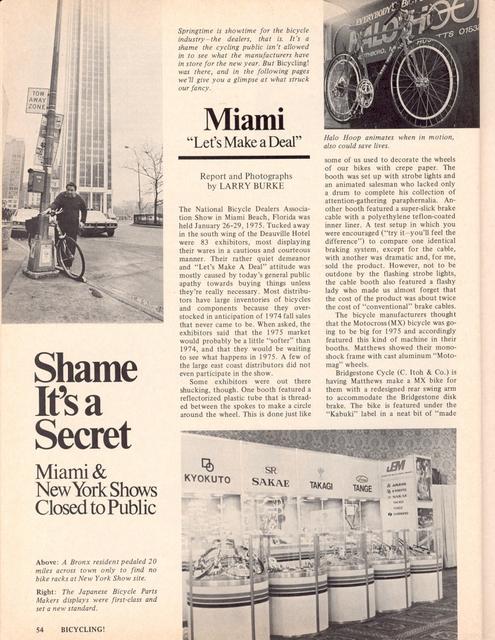 <------ Bicycling Magazine 04-1975 ------> 1975 Miami Bicycle Dealers Association Show  / 1975 New York City Cycle Show