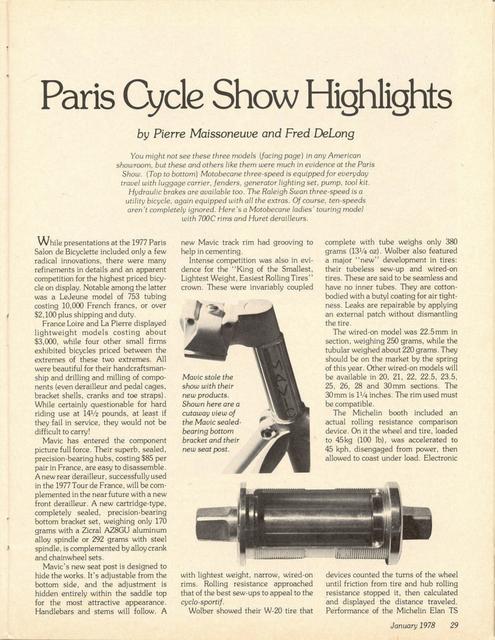 <------ Bicycling Magazine 01-1978 ------> 1977 Paris Salon de Bicyclette