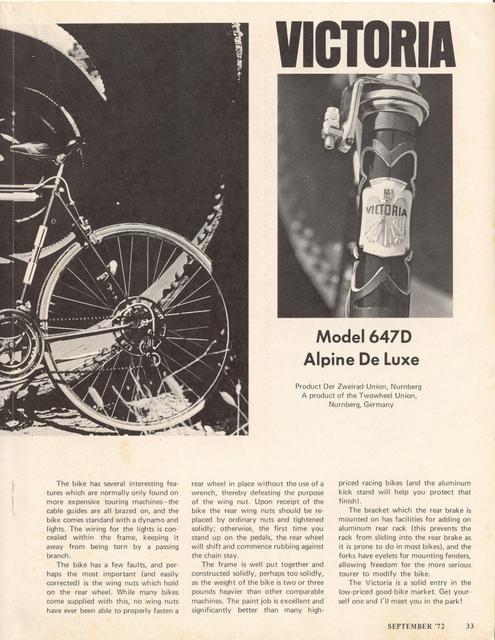 <------ Bicycling Magazine 09-1972 ------> Victoria 647D Alpine DeLuxe