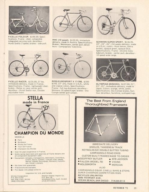 <------ Bicycling Magazine 10-1972 ------> 1972 Bicycle Showcase