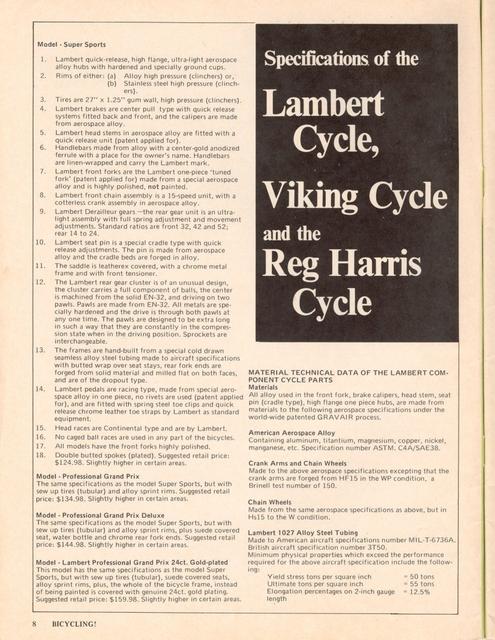 <------ Bicycling Magazine 11-1972 ------> Lambert / Viking / Reg Harris