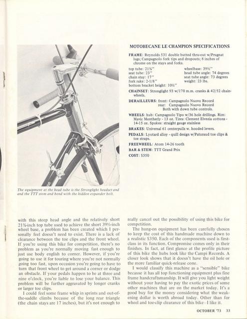 <------ Bicycling Magazine 10-1973 ------> Motobecane Le Champion