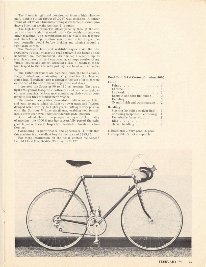 <------ Bicycling Magazine 02-1974 ------> Sekai Custom Criterium 4000