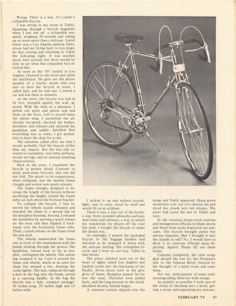 <------ Bicycling Magazine 02-1974 ------> Gitane "Traveller" Collapsible Bike