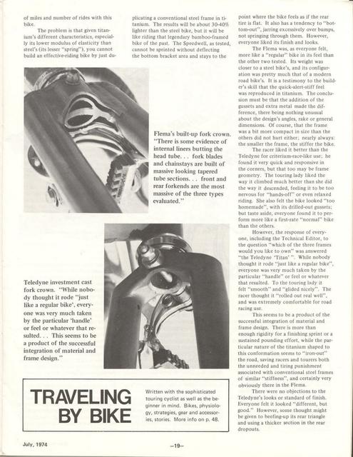 <---------- Bike World 07-1974 ----------> Speedwell Titalite / Flema / Teledyne Linair Titan