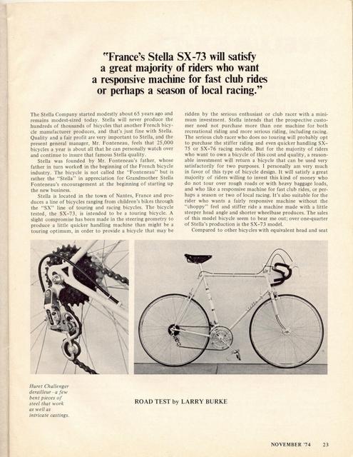 <------ Bicycling Magazine 11-1974 ------> Stella SX-73 Model B