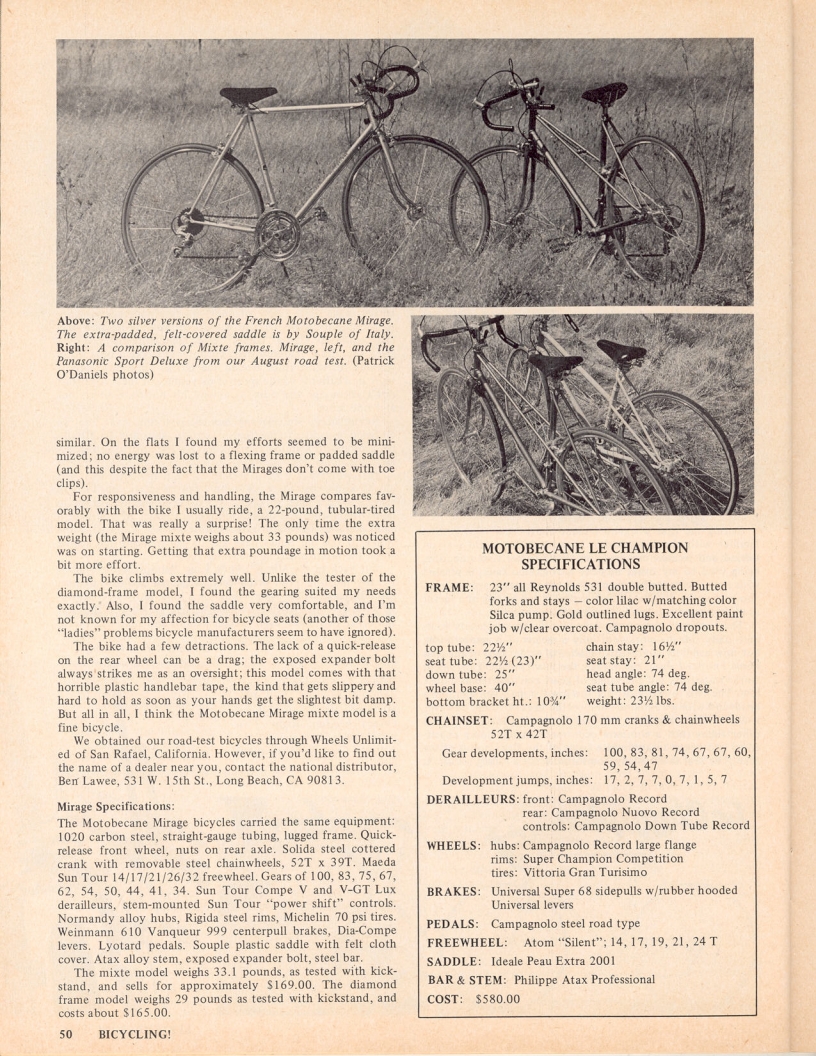 <------ Bicycling Magazine 09-1975 ------> Motobecane Le Champion / Mirage
