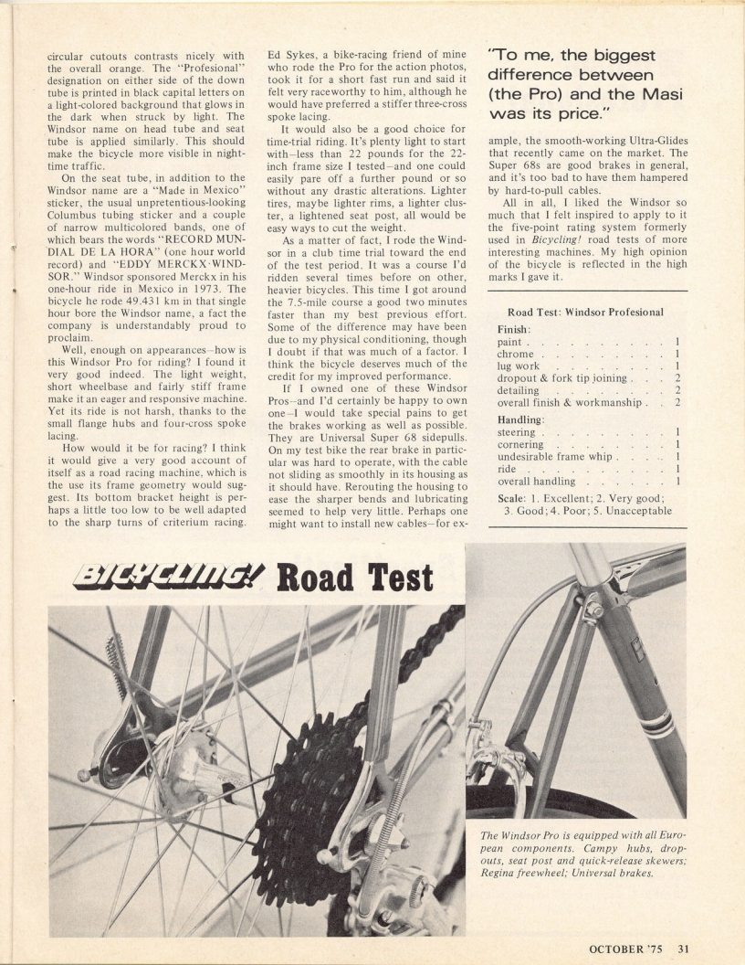<------ Bicycling Magazine 10-1975 ------> Windsor Professional