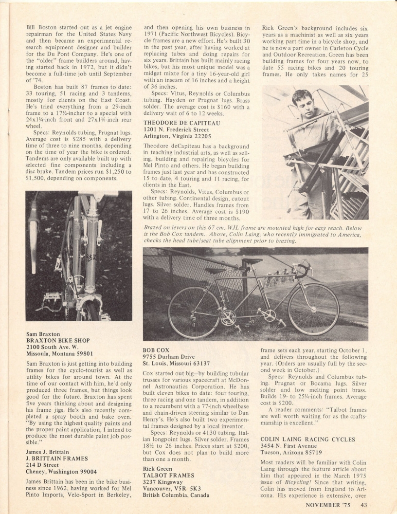 <------ Bicycling Magazine 11-1975 ------> American Frame Builders
