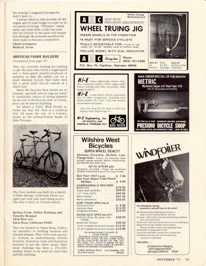 <------ Bicycling Magazine 11-1975 ------> American Frame Builders