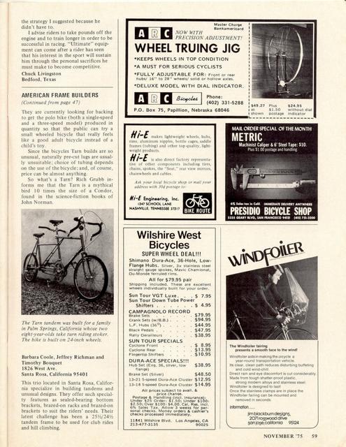 <------ Bicycling Magazine 11-1975 ------> American Frame Builders