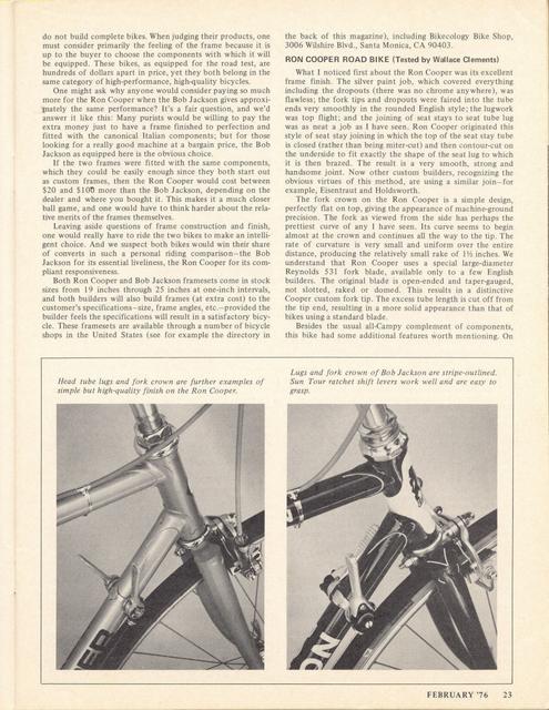 <------ Bicycling Magazine 02-1976 ------> Ron Cooper / Bob Jackson