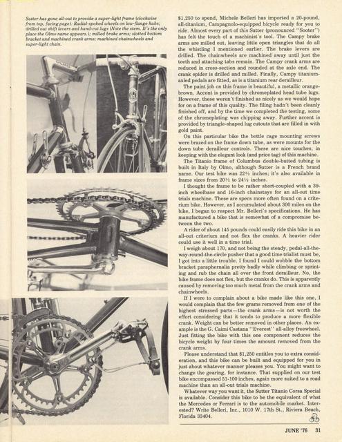 <------ Bicycling Magazine 06-1976 ------> Sutter Titanio Corsa Special