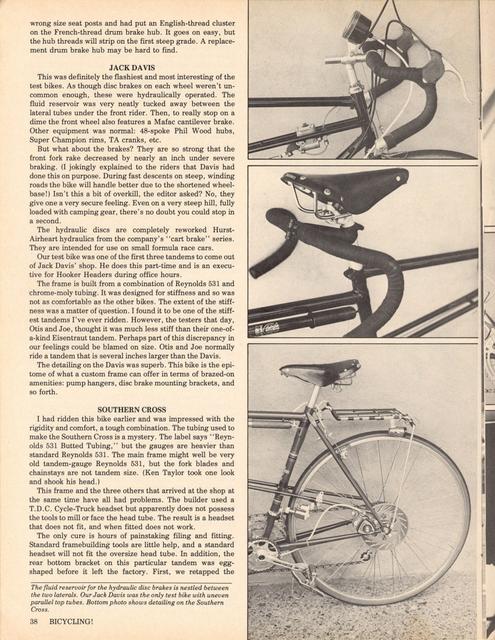 <------ Bicycling Magazine 08-1976 ------> Top 5 Tandems - Jack Davis / Urago / Gitane / Jack Taylor / Southern Cross