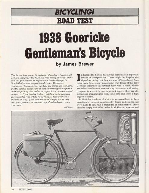<------ Bicycling Magazine 10-1976 ------> 1938 Goericke Gentleman’s Bicycle