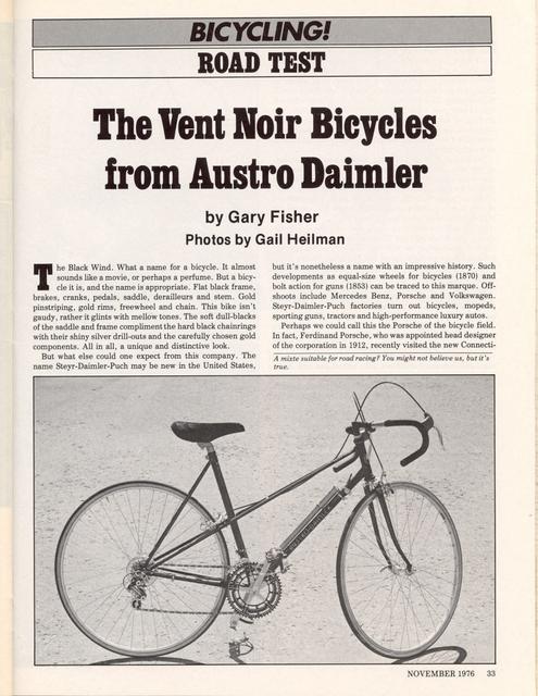 <------ Bicycling Magazine 11-1976 ------> Austro Daimler Vent Noir