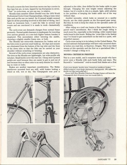 <------ Bicycling Magazine 01-1977 ------> Mondia Special / Criterium / Cyclo-Cross