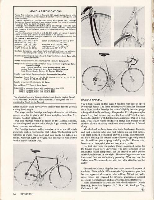 <------ Bicycling Magazine 01-1977 ------> Mondia Special / Criterium / Cyclo-Cross