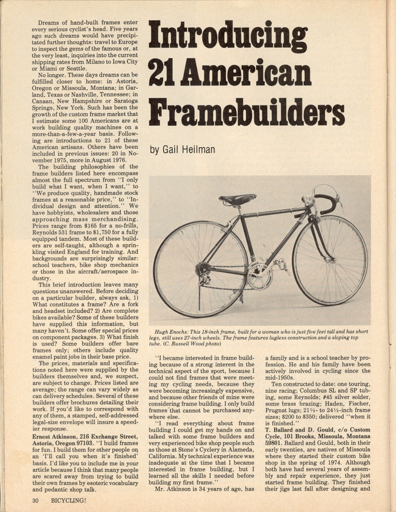 <------ Bicycling Magazine 05-1977 ------> 21 American Frame Builders