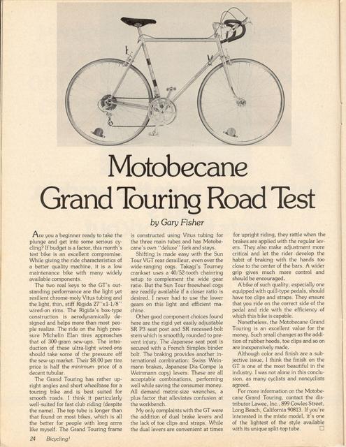 <------ Bicycling Magazine 09-1977 ------> Motobecane Grand Touring