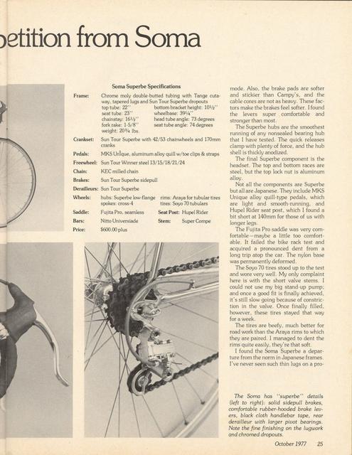 <------ Bicycling Magazine 10-1977 ------> Soma Superbe / Competition