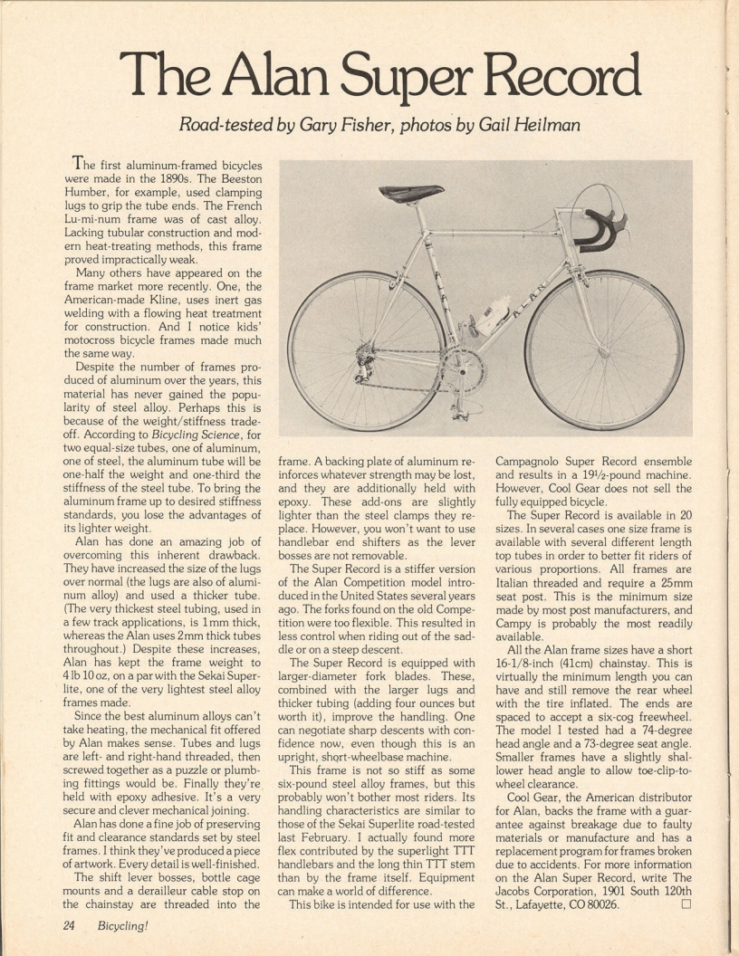<------ Bicycling Magazine 01-1978 ------> Alan Super Record