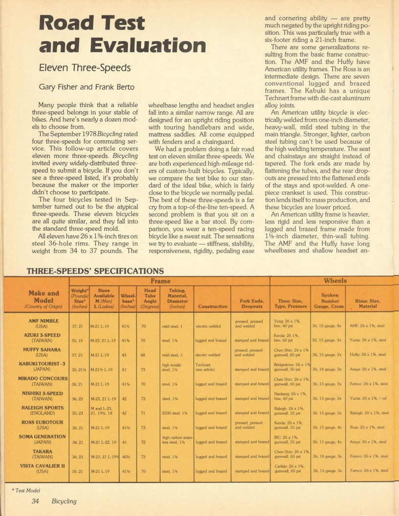 <------ Bicycling Magazine 02-1979 ------> 11 Three Speed Bikes