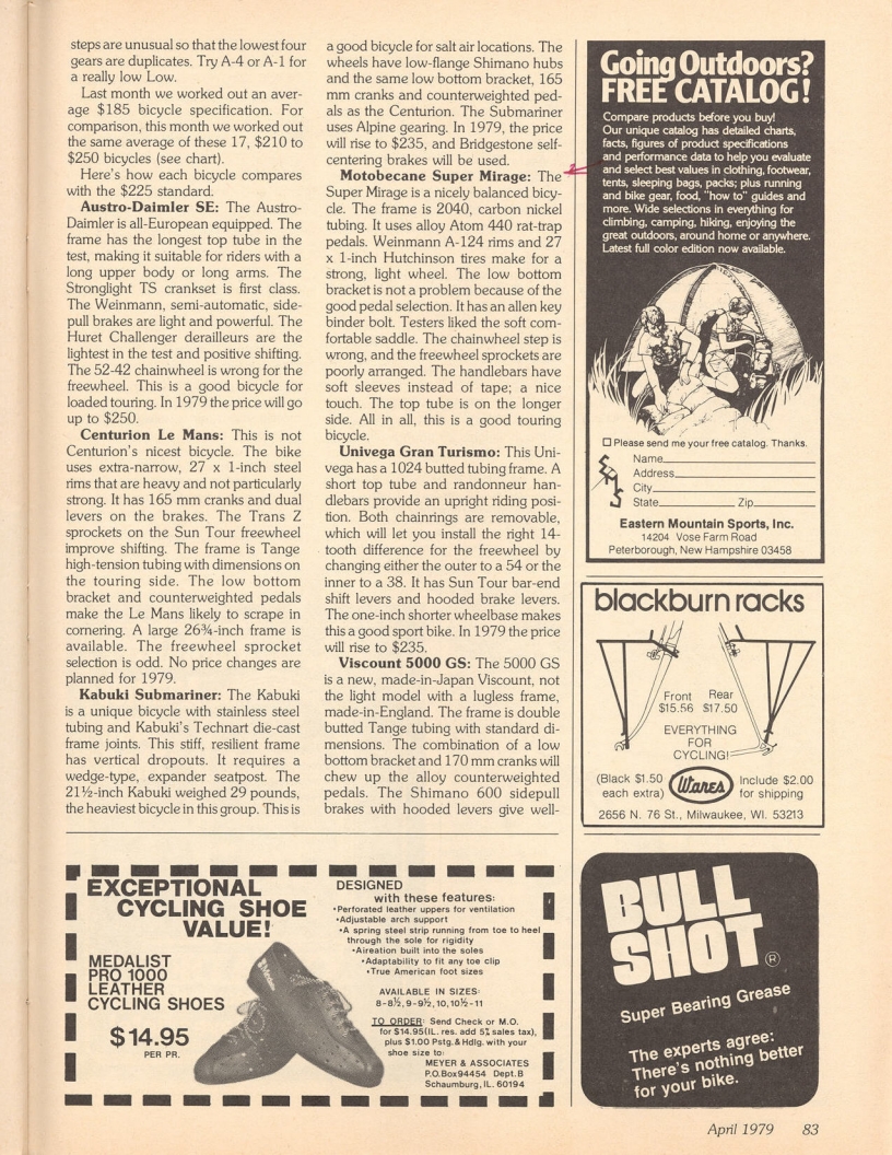 <------ Bicycling Magazine 04-1979 ------> Choosing A $210 To $250 Bicycle