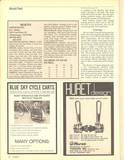 <------ Bicycling Magazine 07-1980 ------> Two Top Tandems - Fuji / Bertin