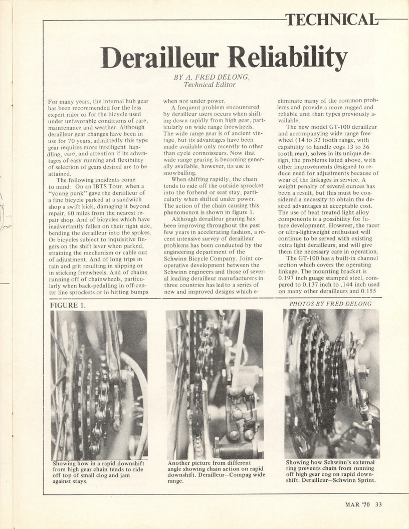 <------ Bicycling Magazine 03-1970 ------> Schwinn GT-100 Rear Derailleur Reliability