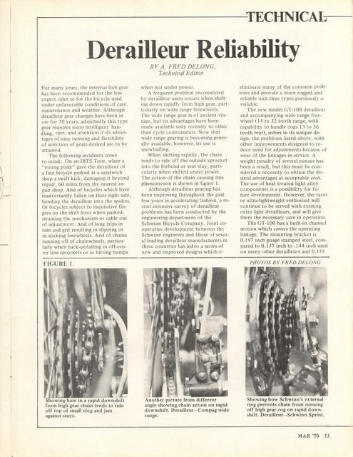 <------ Bicycling Magazine 03-1970 ------> Schwinn GT-100 Rear Derailleur Reliability